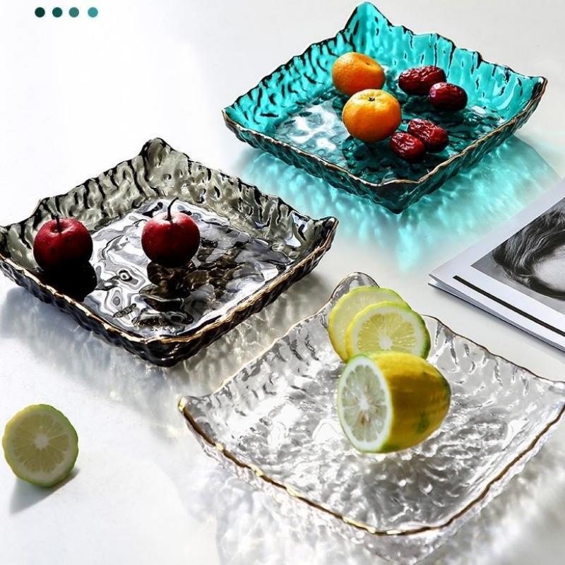 Square Glass Plate Phnom Penh Irregular Fruit Plate Small Snack Plate Living Room Decorative Plate Glass Crystal Plate Tableware