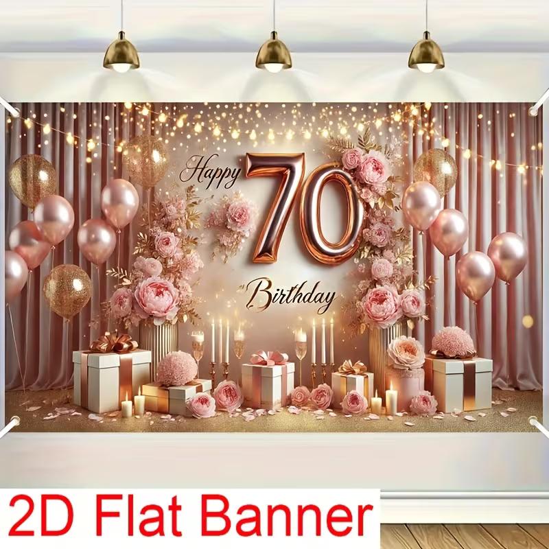 

2D 70th Birthday Banner Pink Gold Elegant with Curtains & Lights Photography Background Cloth 47.2x31.5inch/120*80cm
