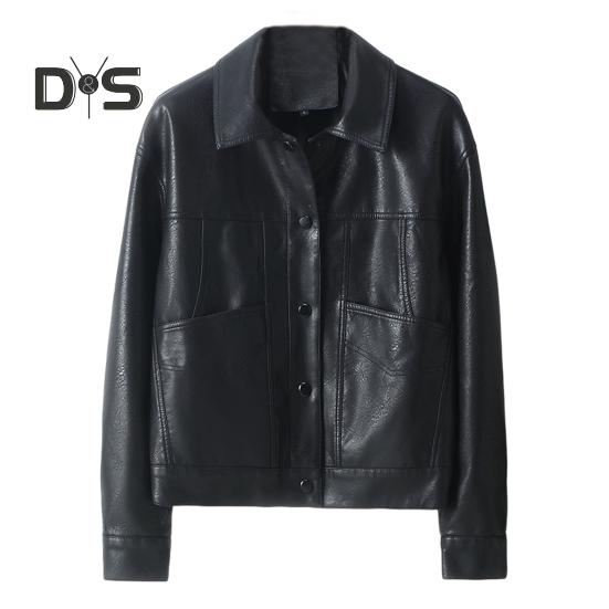 

Женская куртка из искусственной кожи с гладкой поверхностью, отложным воротником, однобортная, с длинными рукавами, карманами, ретро-пальто для мотоцикла, для офиса, для поездок на работу и путешествий XXXL чёрный