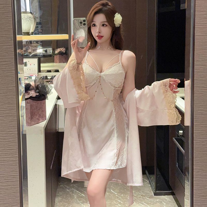 New Jacquard Sexy Suspender Chest Pad Ice Silk Pajamas Women's French Light Luxury New Pure Desire Wind Lace Pajamas