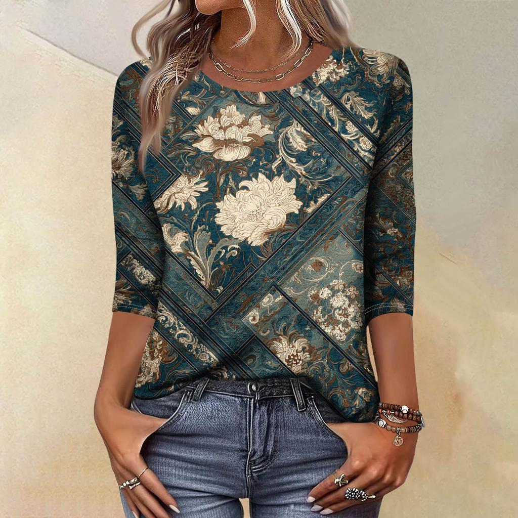 Trendy Vintage 3/4 Sleeve Top For Women,Ladies Casual Three Quarter Sleeve Round Collar Printed T-Shirt Blouse