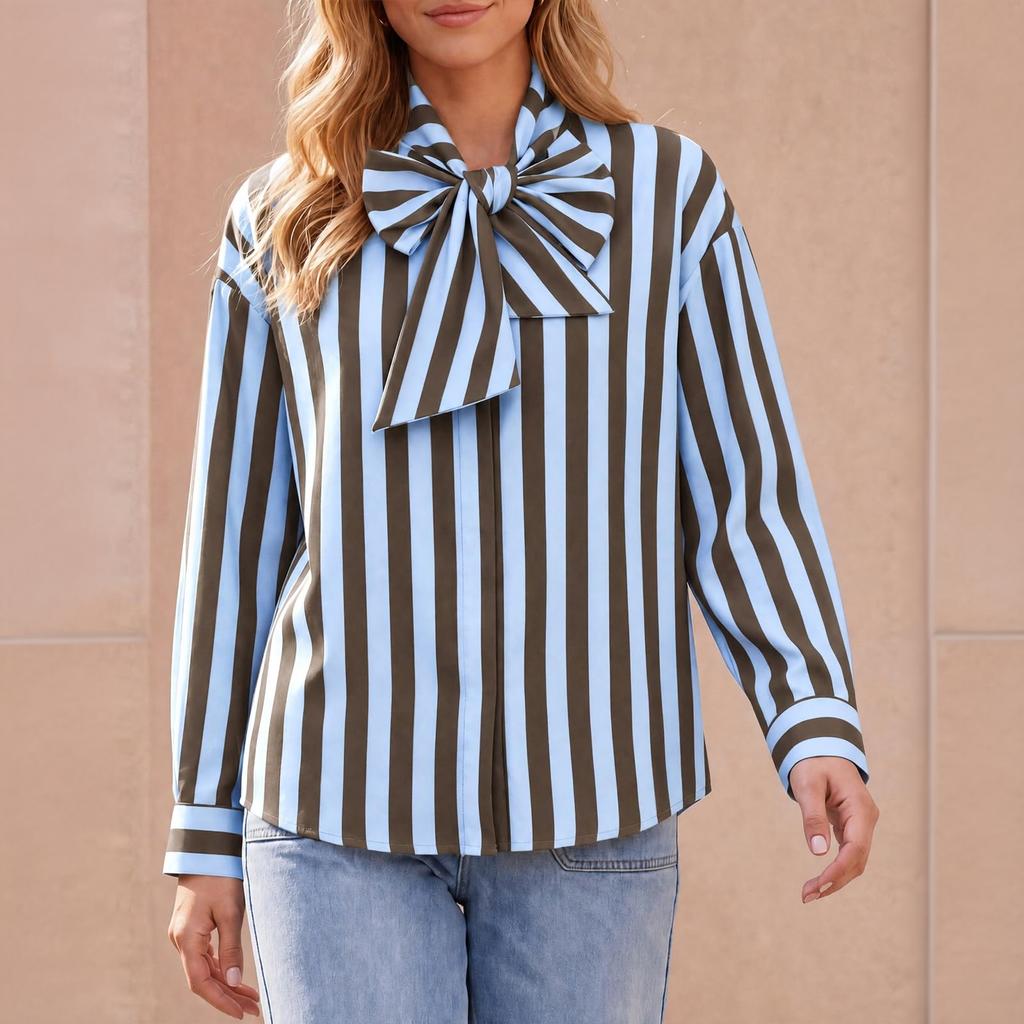 Camicia a maniche lunghe a righe da donna con vestibilità ampia - Blusa casual autunnale per l'uso quotidiano