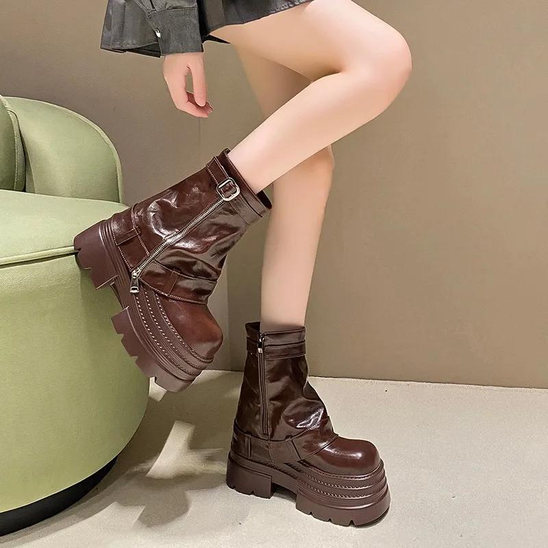10CM Damen Herbst Winter Leder Stiefeletten Absätze Klobige Plateaustiefel Neue Rutschfeste Motorradschuhe Frau Punk Stiefel