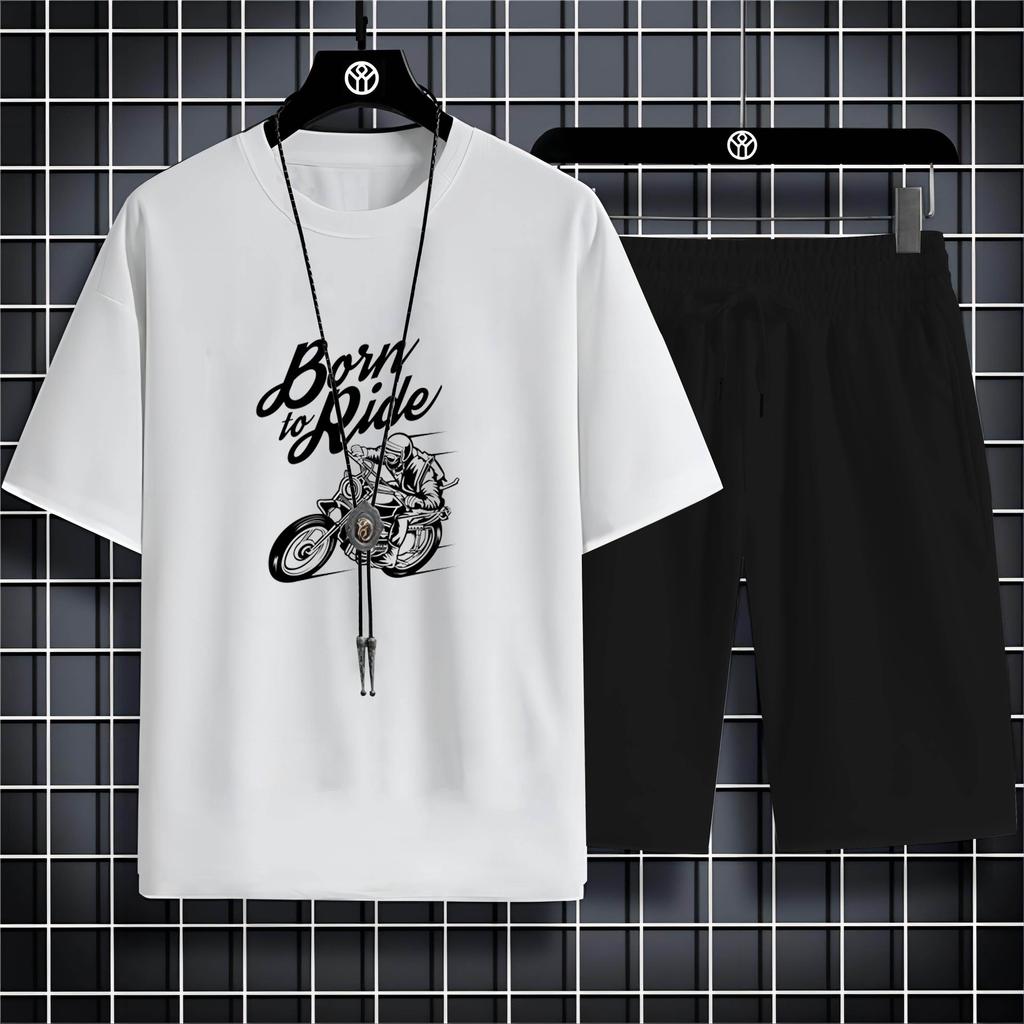 Summer Round Neck Men'S Outdoor Casual 2d Motorcycle Print Loose Comfortable Breathable Short Sleeve T-Shirt Beach Set T-Shirt