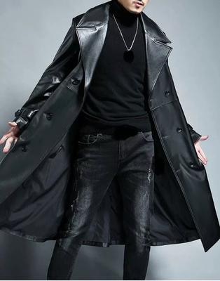 Elegante Cappotto Lungo da Uomo Nero in Vera Pelle di Agnello Fatto a Mano Formale