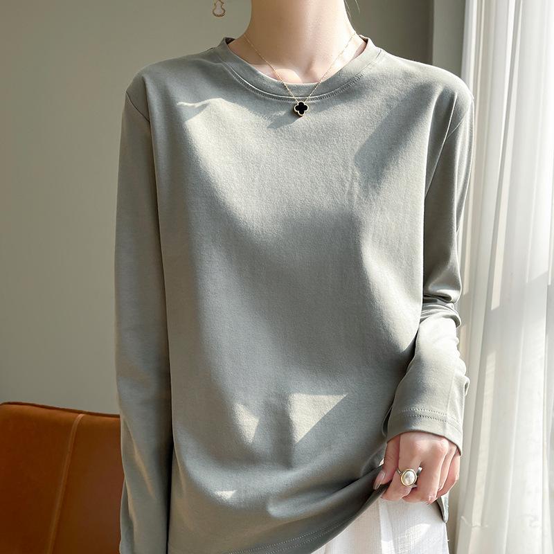 Women's Crew Neck Long Sleeve T-Shirt Regular Fit Elegant Lady Style Mercerized Cotton Solid Color Spring Casual Versatile Basic Layering Top