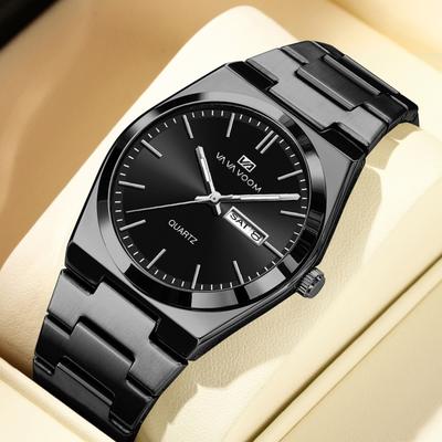 Business Casual Steel Chain Men Watch Month Week Dual Calendar Waterproof Watch Silver Gold Simple Men Watch