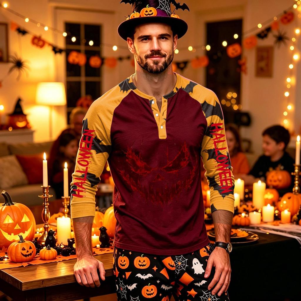 Men's Long Sleeve Shirt with Halloween Print for Holiday Parties and Casual Wear