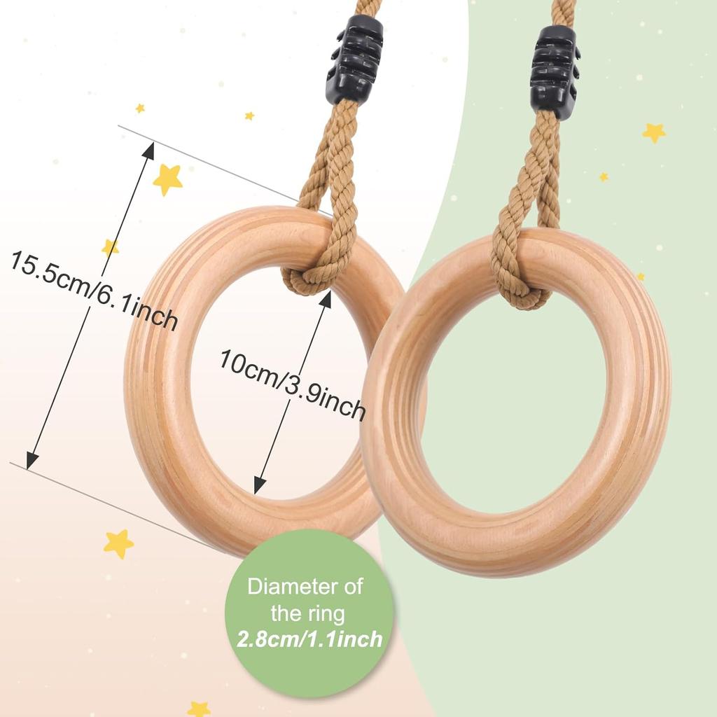 YAERSI Wooden Gymnastics Rings,Pull Up Rings with Adjustable Buckle, Wooden Swing Rings for Kid's Home Exercise