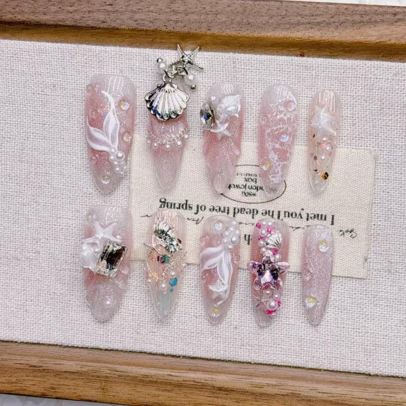 Handmade Long Press-On Nails With Pink Mermaid Tail Design Full Cover False Women Girls
