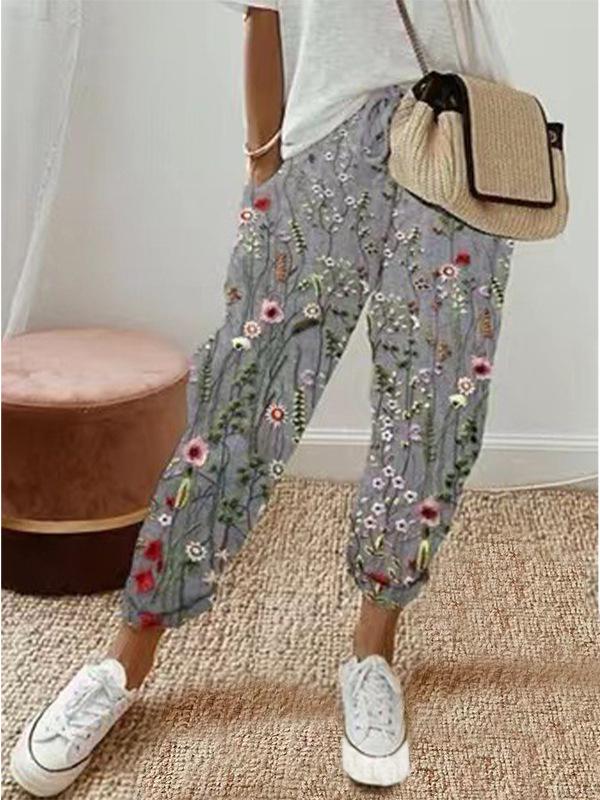 2024 European & American Style Print Cotton Linen Casual Pocket Long Pants
