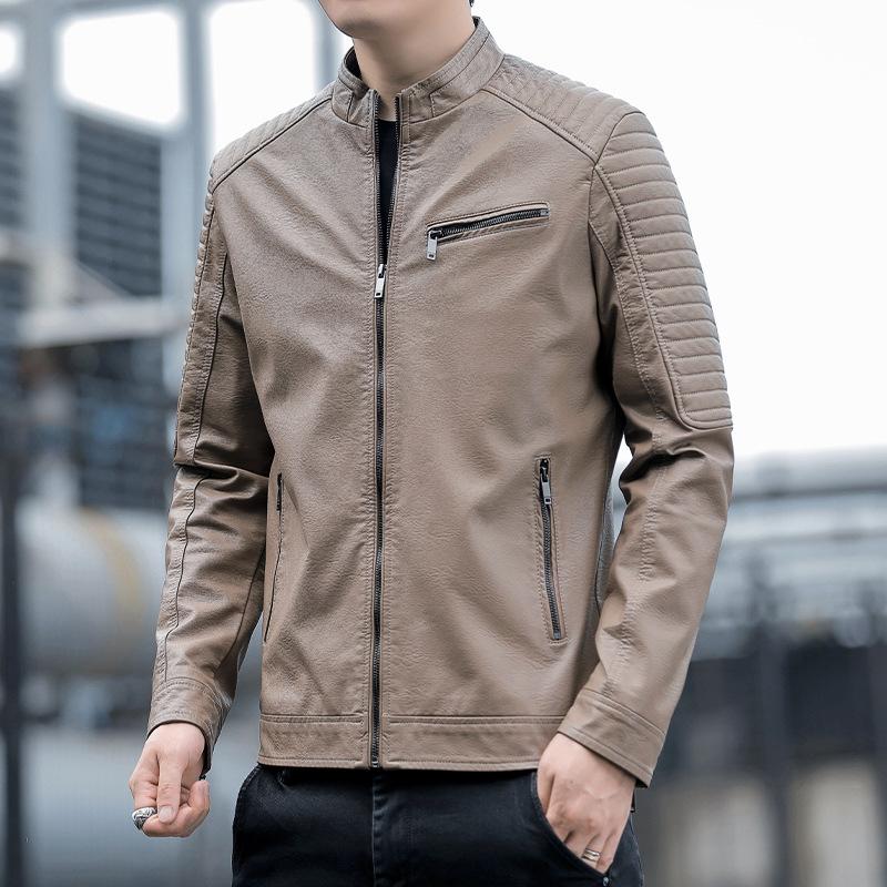 

Осенняя новая модная кожаная куртка мужская легкая роскошная куртка из искусственной кожи легкая деловая повседневная модная стойка с воротником универсальная куртка M