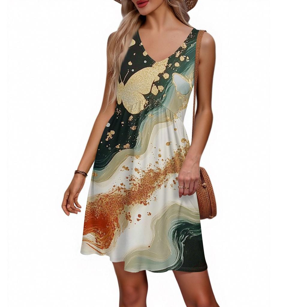 Women's Summer V-neck Casual Beach Vacation Style Retro Floral Print Sleeveless Patchwork Dress
