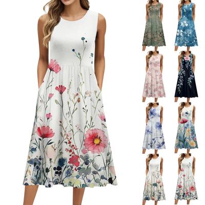 Women's Fashionable Printed Round Neck Sleeveless Casual Pullover Pocket Mid Length Dress