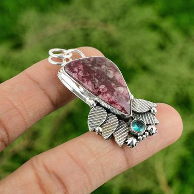 Thulite Stone Swiss Blue Topaz 925 Sterling Silver Bezel Boho Pendant Jewelry