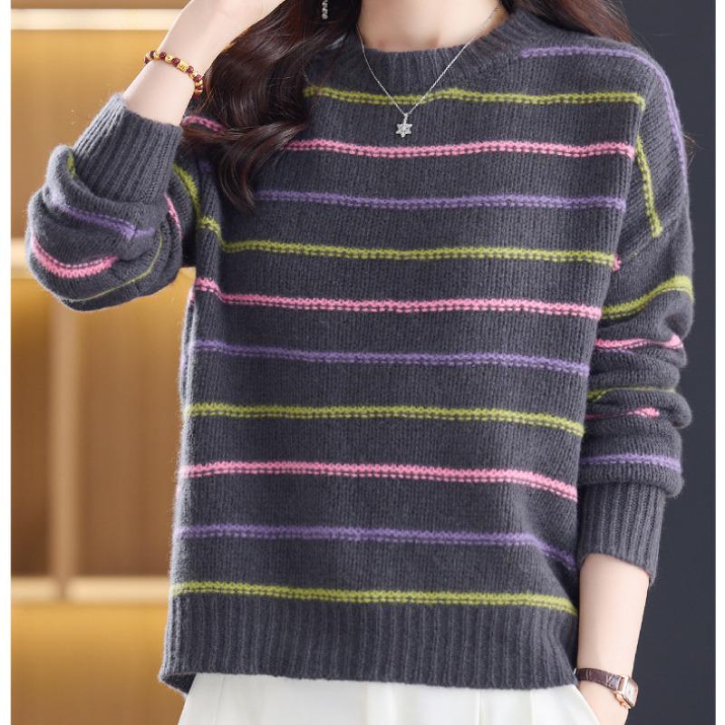 2025 Autumn/Winter Striped Color Block Slimming Knit Top