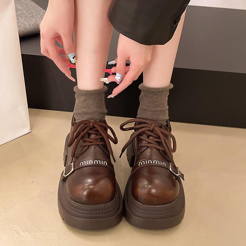 European Station Platform Big Head Loafers Women's Shoes 2025 Spring New British Style Heightening Small Leather Shoes Lace-up Single Shoes