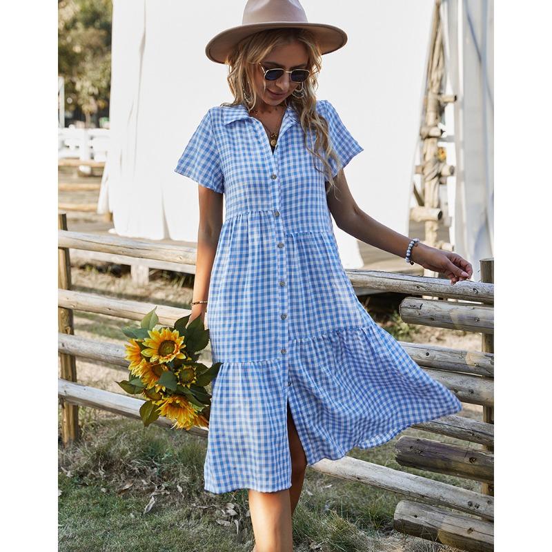 

YYFS Women s Fashion Summer Spring Plaid Print Short Sleeve POLO Neck Loose Waistline Casual Dresses XL небесно-голубой