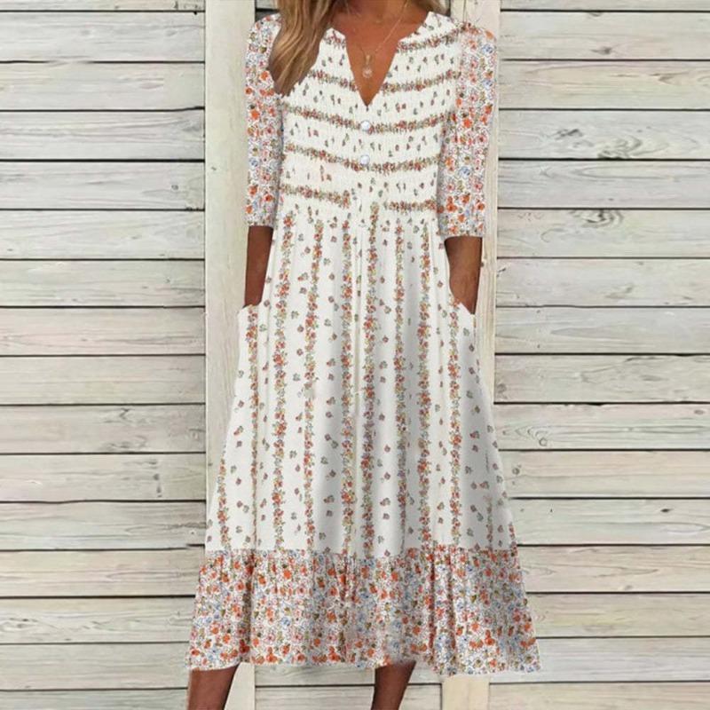 

2025 Women s Spring/Summer New Style Trendy Versatile Casual Printed Button Middle Sleeve Dress S