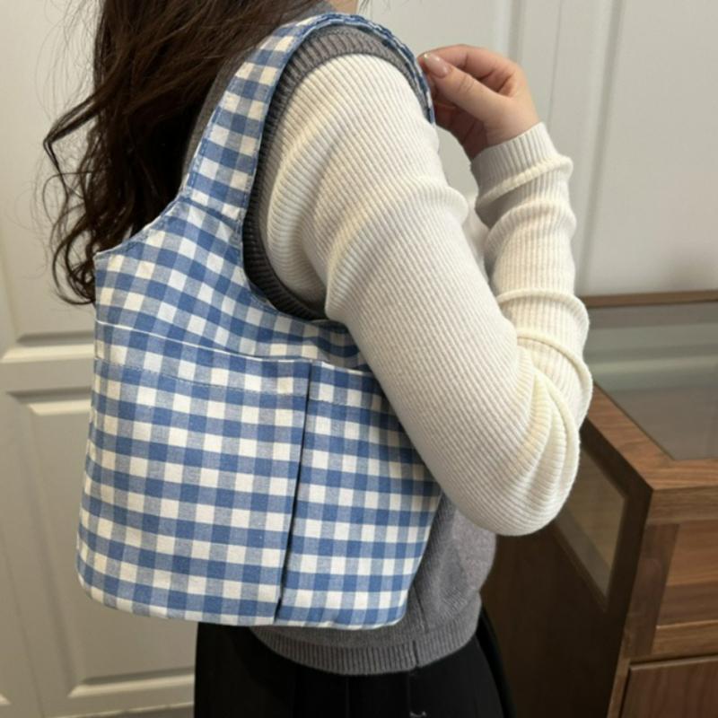 Korean Style Vintage Plaid Shoulder Bag Lightweight Large Capacity Casual Crossbody Bag for Women Versatile Texture Bucket Bag