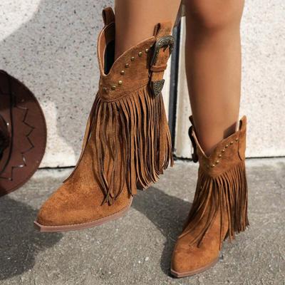Womens Mid Calf Boots Flat Heel Womens Boots Comfortable Pull On Chunky Heel Pointed Toe Fringed Boots Botas Invierno Mujer
