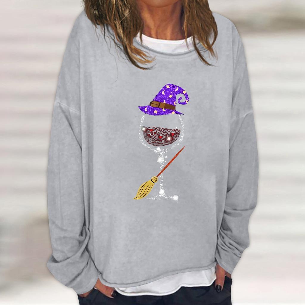 Dam Casual Mode Vintage Tryckt Långärmad O-Hals Sweatshirt Lager Pullover Topp