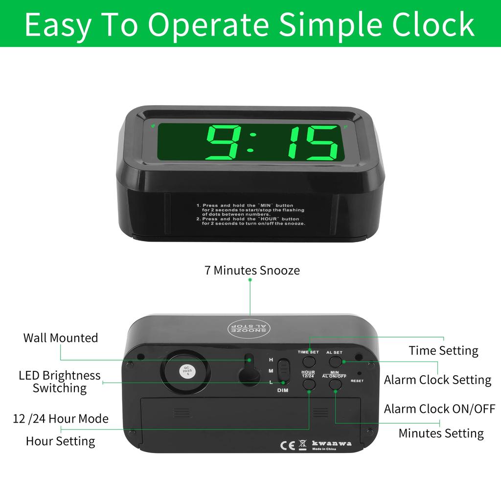 KWANWA Alarm Clock Small Digital Clock Inch Green LED Clock Adjustable Brightness Dim Night Mode Battery Operated Wall Mounted Snooze Bedroom Clock