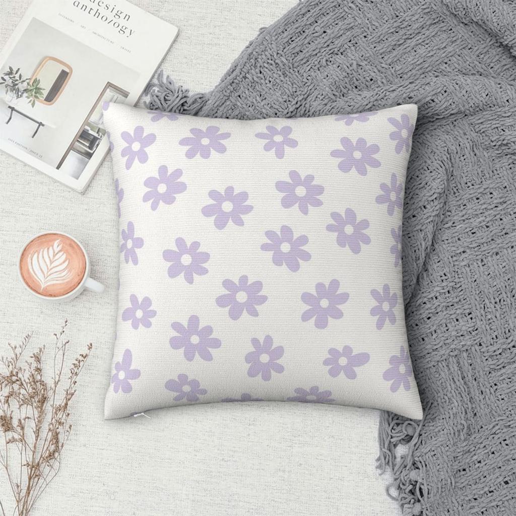 Lilac White Big Flowers Daisy Square Pillowcase Polyester Linen Velvet Printed Zip Decor Home Cushion Cover