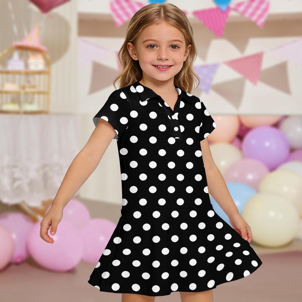 Girls Short Sleeve Polo Dress with Polka Dot Print and Pockets Casual Lightweight Summer Dress for Kids