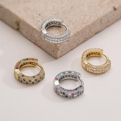 Inlaid Zircon Double Row Circle Hoop Earrings  Hip Hop Style Fashion Women's Hoop Earrings Inlaid with Colored Zircon