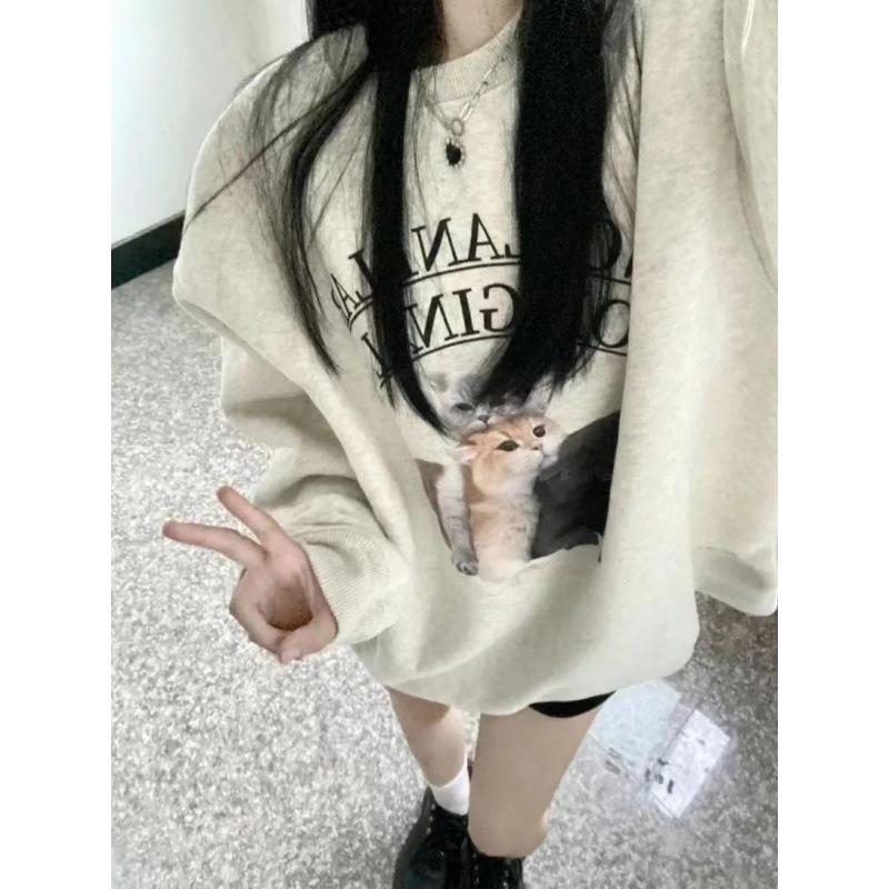 Silver Fox Velvet Pure Cotton Women's Retro Cat Print Sweatshirt - Round Neck, Loose Fit, Autumn Winter Casual Style.