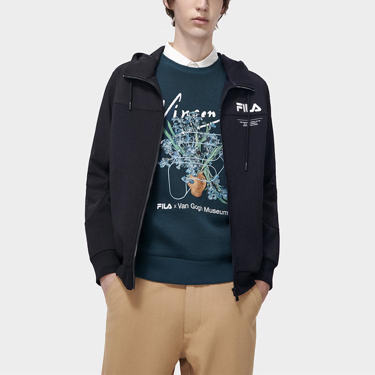 FILA X Van Gogh Collaboration Letter Logo Printed Solid Color Hoodie Men Jacket Black F11M318506FBK
