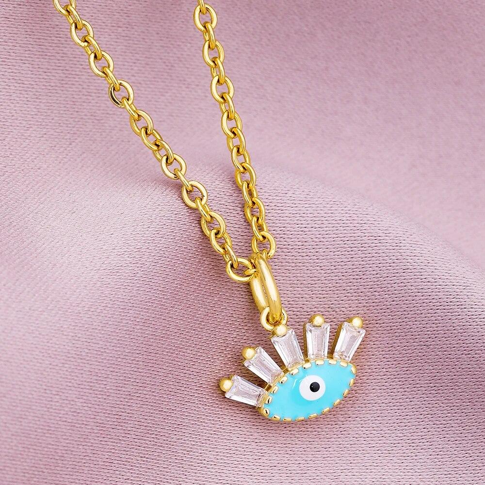 Turkish Lucky Evil Eye Necklace Women 5 Style CZ Eyes Female Charm Fashion Enamel Stainless Steel Chain Necklace Jewelry Gift