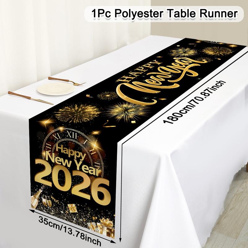 2026 Happy New Year Table Runner Fireworks Champagne Polyester Table Cover For New Year Party Kitchen Dining Table Decorations