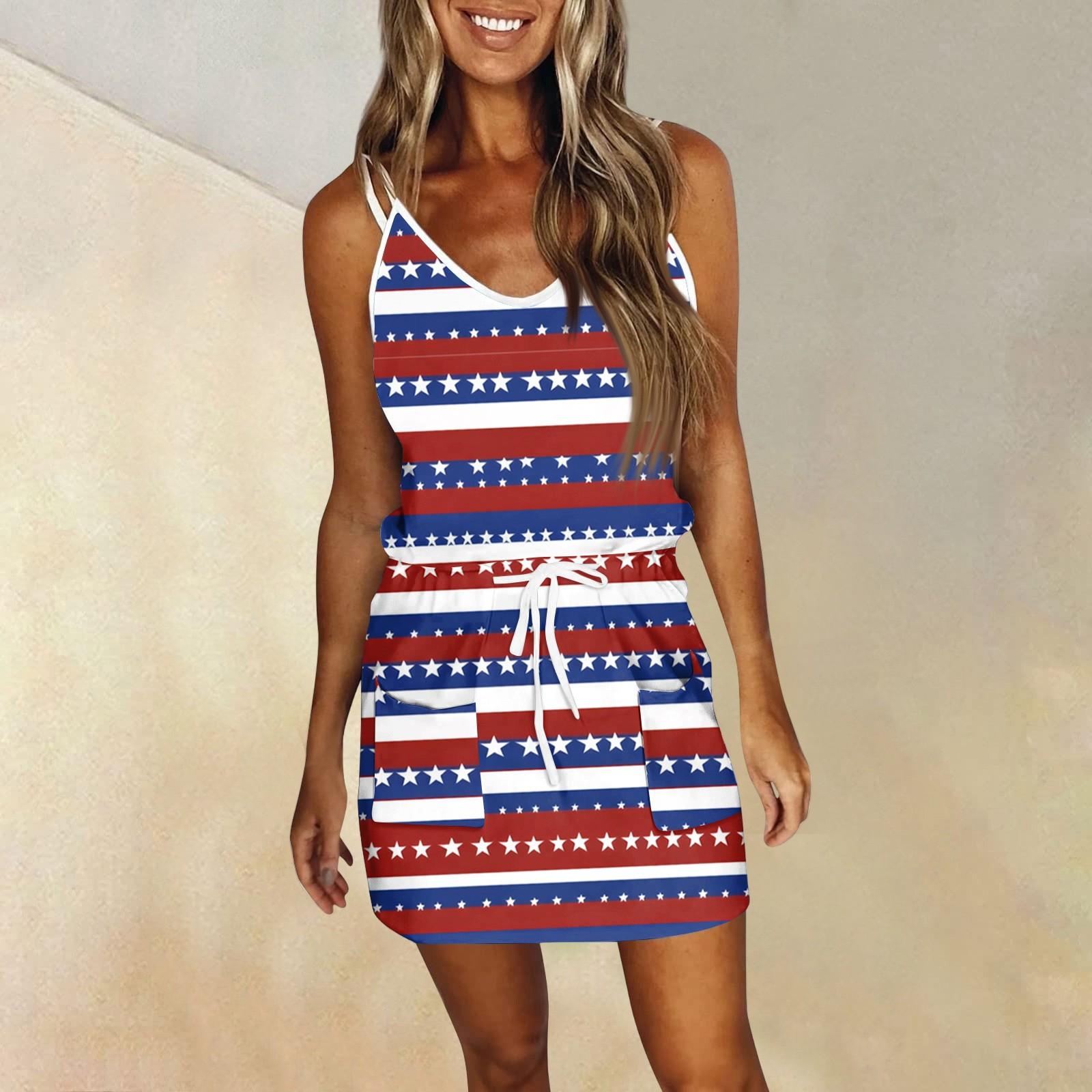 

Женское модное летнее платье с принтом «День независимости» с карманами и V-образным вырезом без рукавов XL киноварь