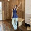 French Hanging Neck Floral V-neck Vest Shirt Women's Skirt Swinging Kink Waist Tight Chic Sweet Spicy Top