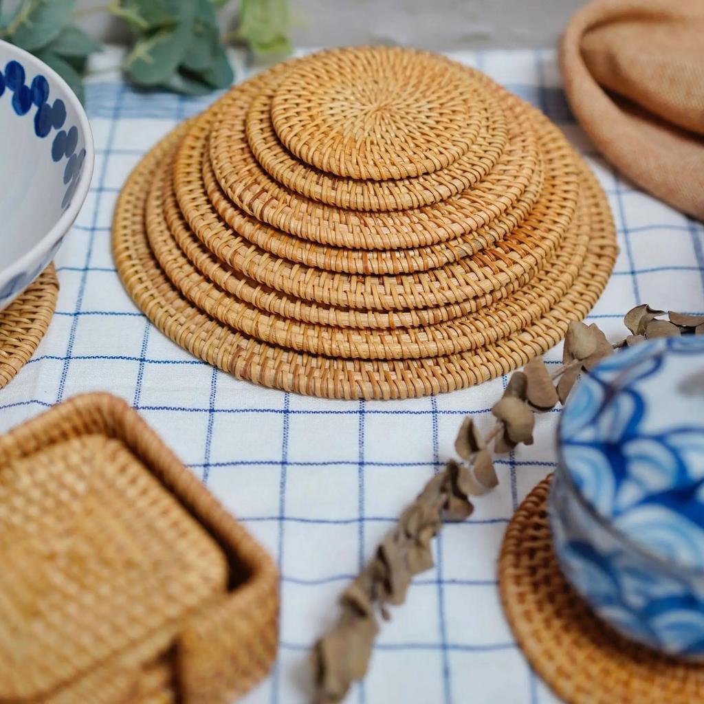 8-10cm Rattan Cup Mat 6Pcs Drink Coasters Set for Kungfu Tea Accessories Round Tableware Placemat Dish Mat Rattan Weave Cup Mat Cup Holders 5