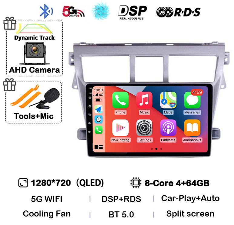 Android 14 Carplay Auto Car Radio For Toyota Vios Yaris 2007 2008 2009 2010 2011 2012 Multimedia Video Player 4G WIFI GPS Stereo