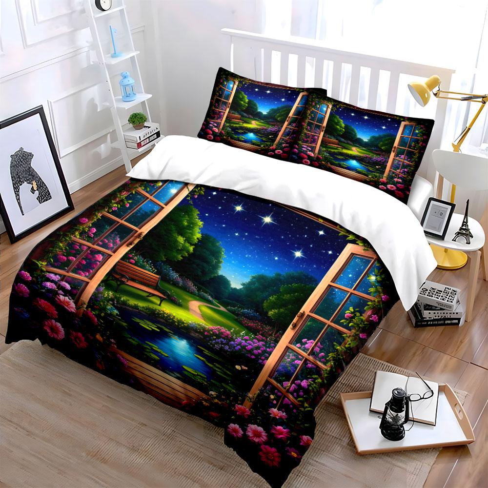 Garden view through window. Print Bedding Set 1 Duvet Cover 2 Pillowcases for Adult and Children Luxury Gift Full Size