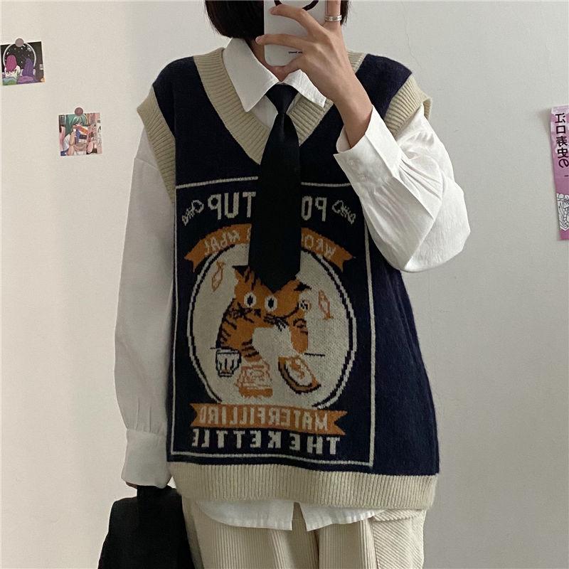 Sweater Vest Women Kawaii Cat Waistcoat Streetwear Knitting Chic Fashion College All-match Harajuku Y2k Vests