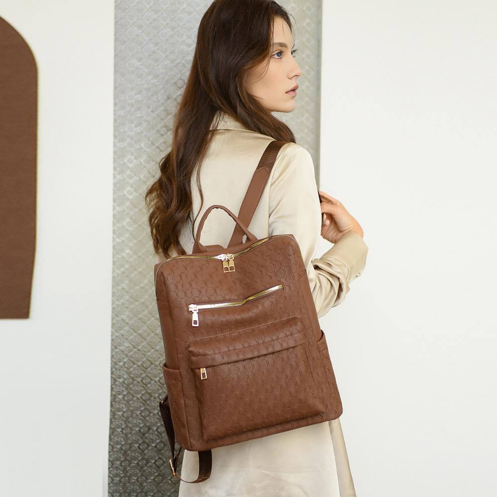 Mochila de Cuero Suave para Mujer Mochila de Gran Capacidad Bolso de Viaje de Color Sólido