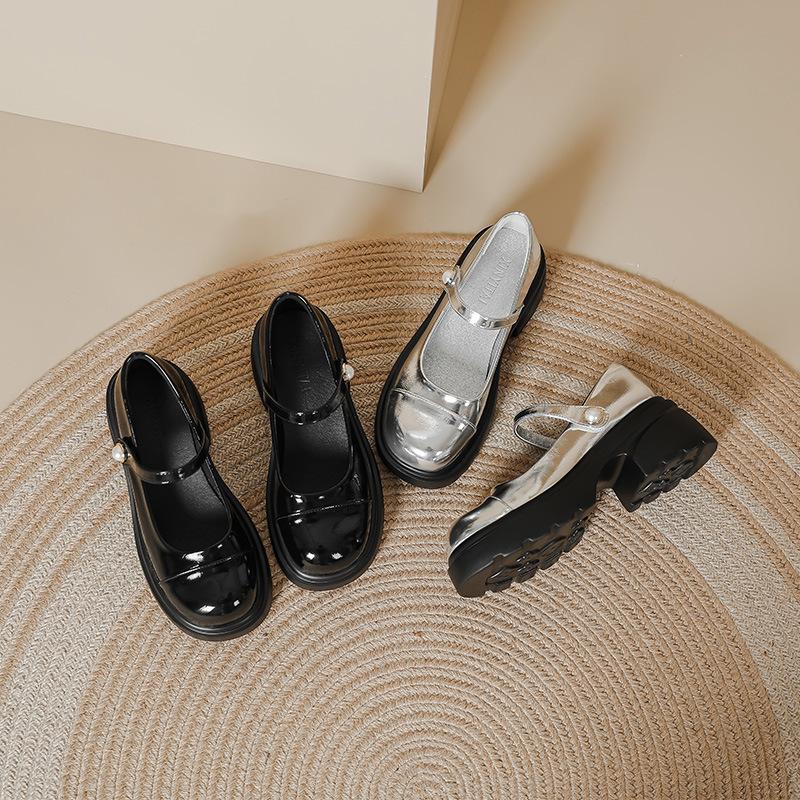 Silver Mary Jane shoes women's pearl one-word thick-soled light-mouth single shoes women's small fragrant wind round head thick heel jk shoes