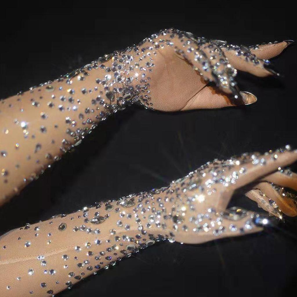 1 paio di guanti da sposa in maglia con strass di lusso, guanti lunghi da donna per ballerine e cantanti