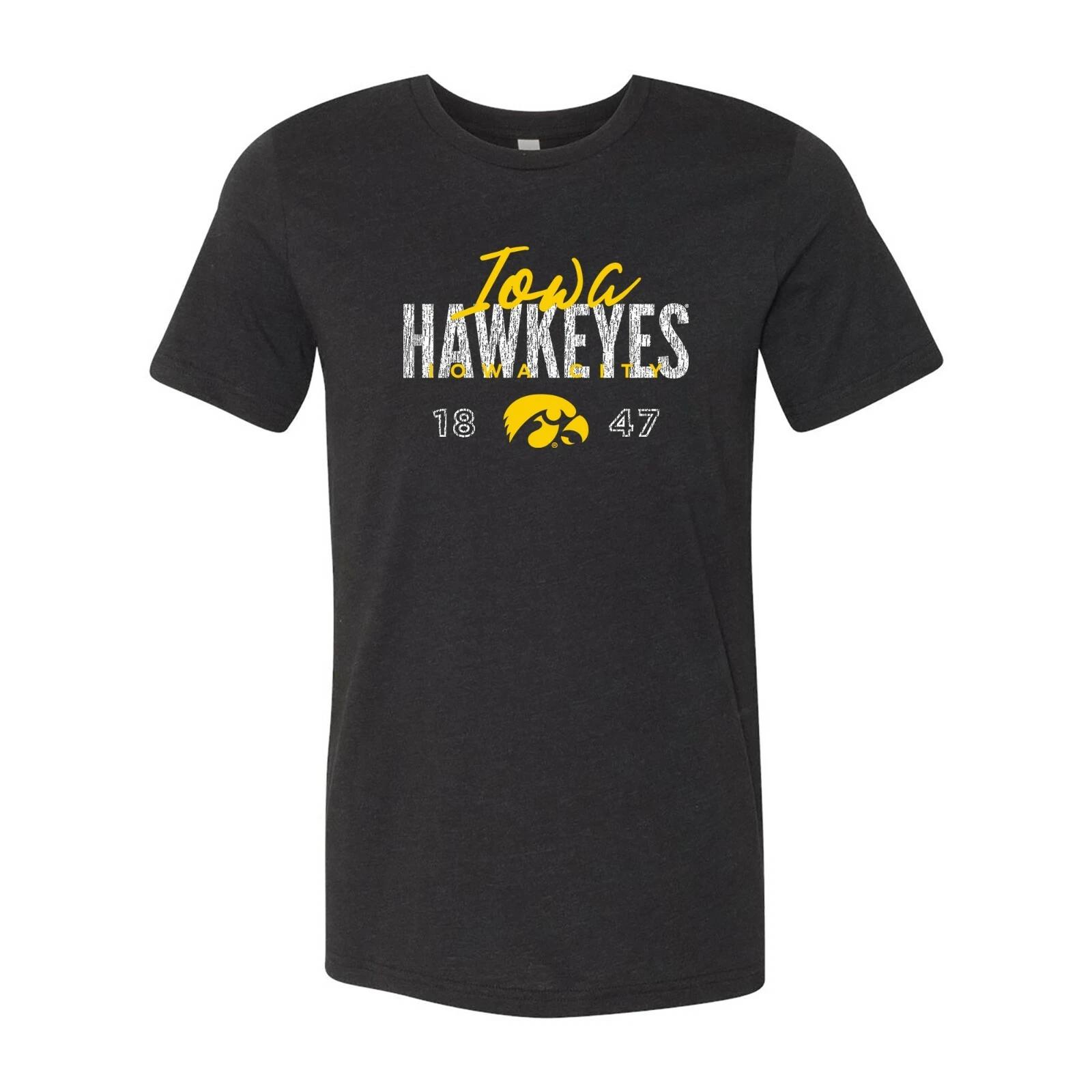 Iowa Hawkeyes Dist Block Script Logo T-Shirt - Heather Black M