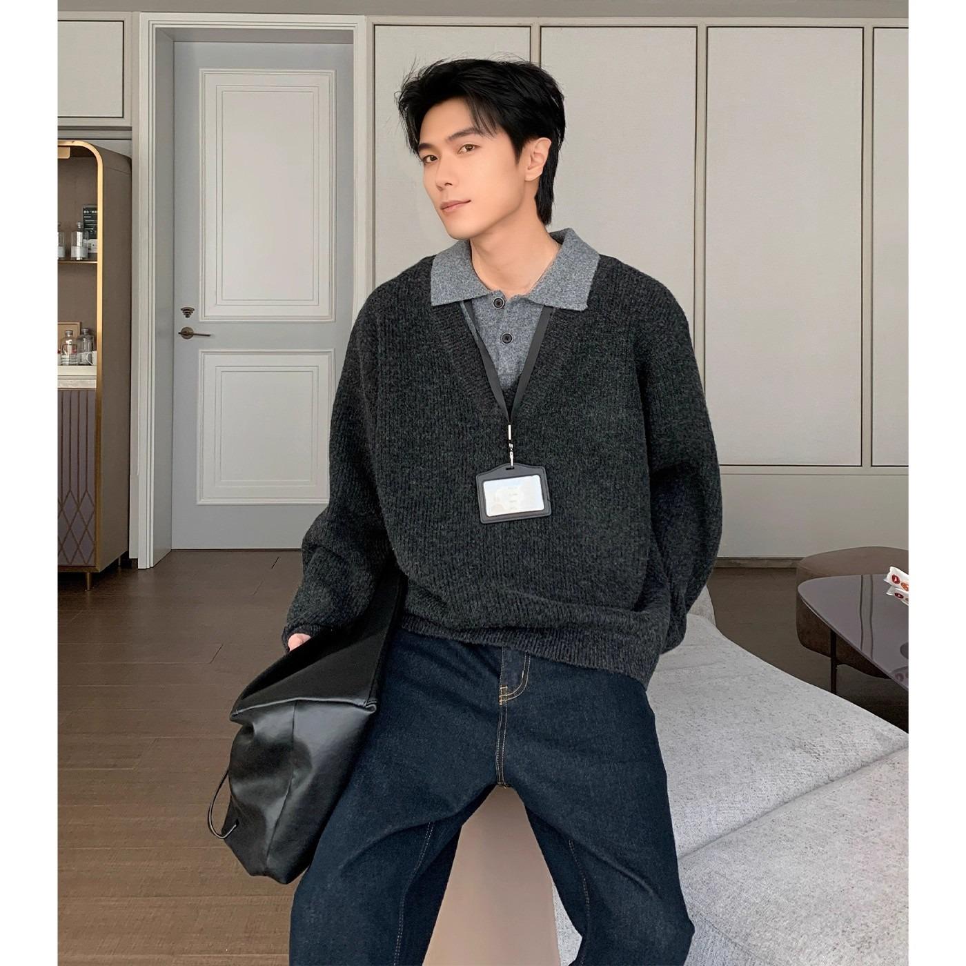 Men s American Retro Faux Two-Piece Lapel Sweater - Autumn Winter High-End Knitwear XL