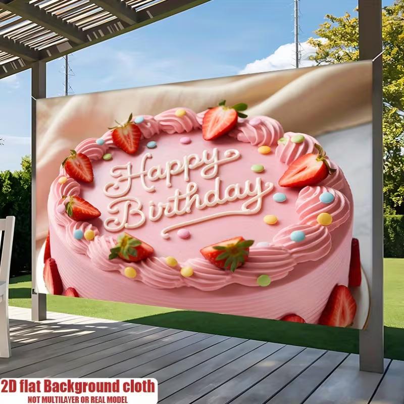 2D Sweet Pink Birthday Cake Backdrop with Strawberry Sprinkles Party Banner