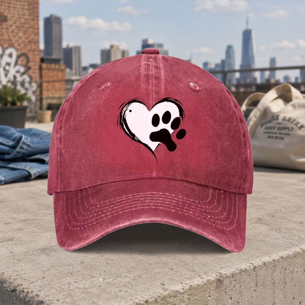 Heart Cat Paw Print Retro Washed Baseball Cap Unisex Casual Street Style Duckbill Hat Fashion Accessory