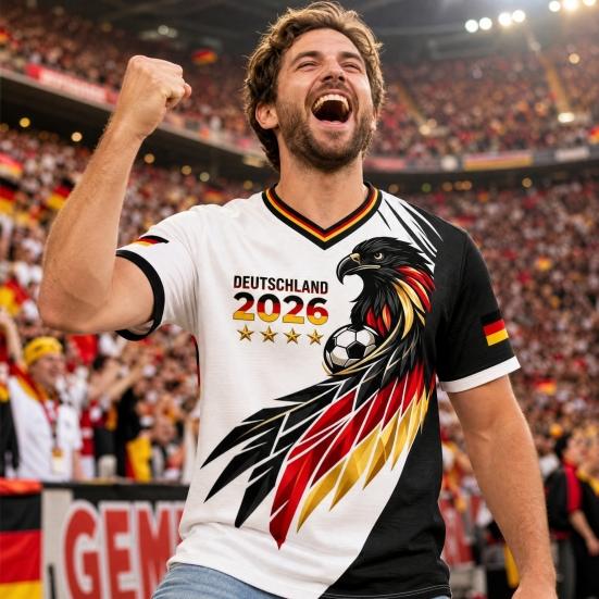 Męska koszulka Niemcy, Koszulka dla kibiców piłki nożnej, Stylowa koszulka z flagą Niemiec z dekoltem V, Koszulka z symbolem Niemiec dla fanów piłki nożnej