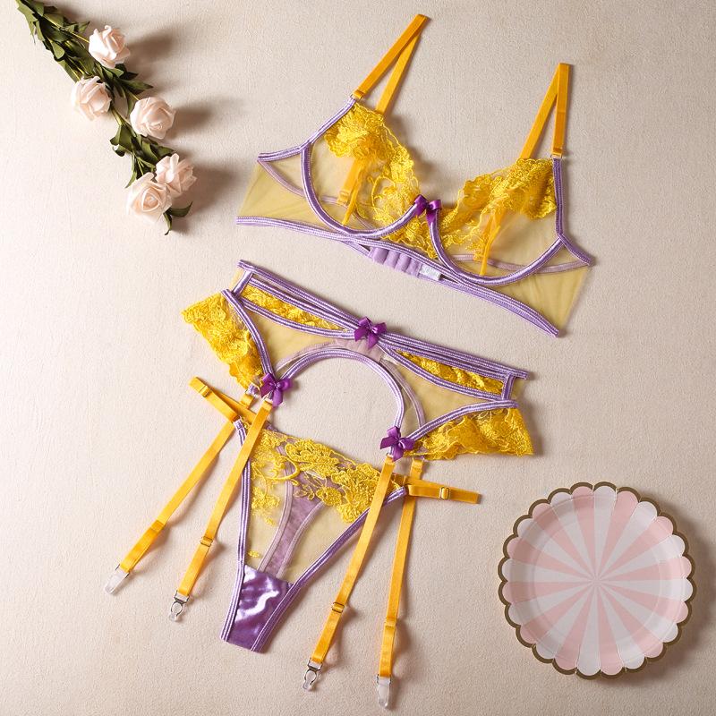 Nouveau ensemble de lingerie populaire de haute qualité pour femmes, soutien-gorge à broderies florales, transparent, sexy, avec nœud