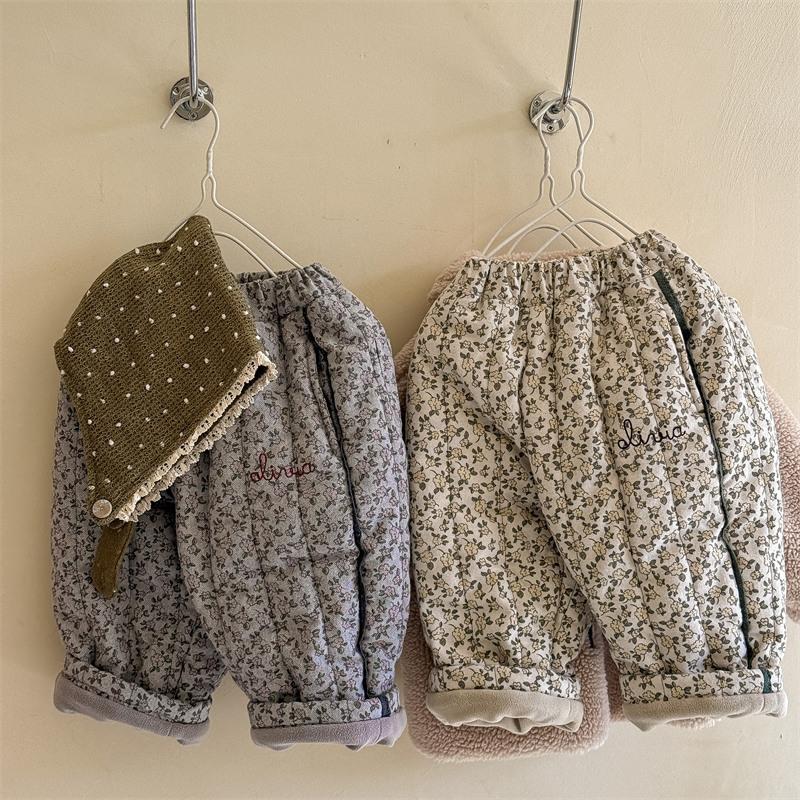 Winter Children Printed Embroidery Thicken Pants Korean Style Baby Girls Casual Warm Cotton-padded Trousers